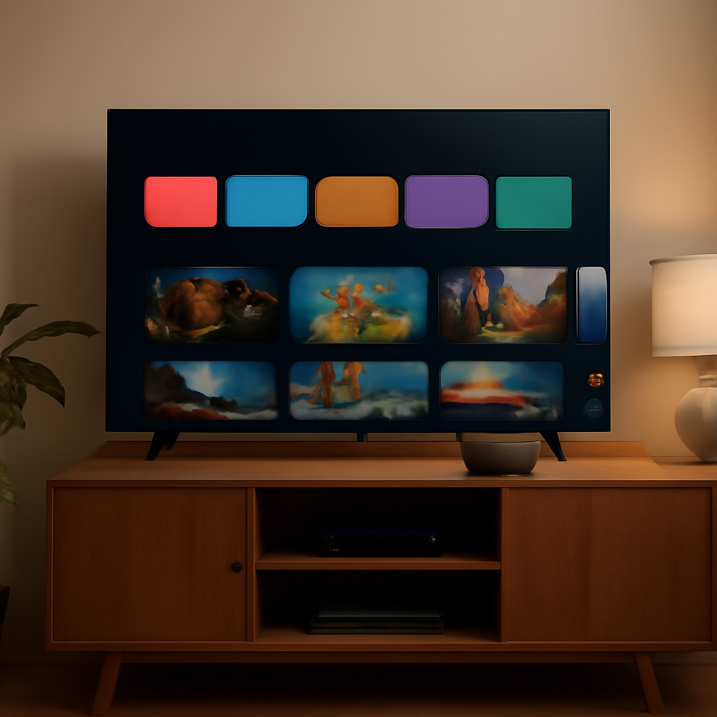 Salon moderne avec une box Android connectée à une télévision affichant une interface IPTV