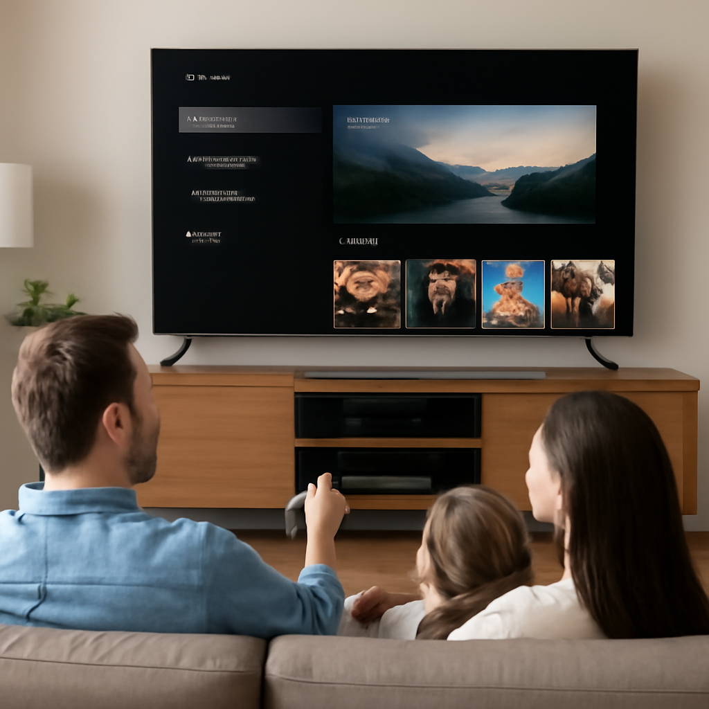 Salon moderne avec téléviseur affichant une interface de streaming en usage légal IPTV