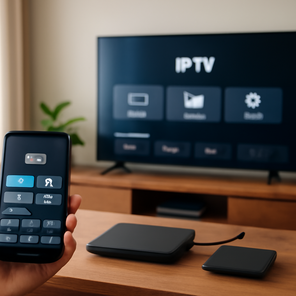 Personne utilisant un lecteur IPTV pour Android sur smartphone dans un salon moderne avec écran TV