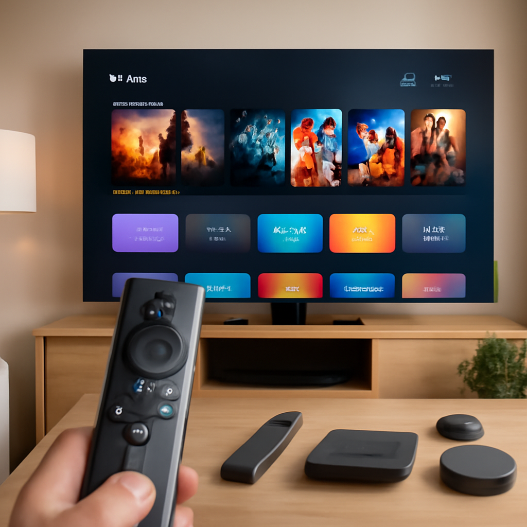 Salon moderne avec TV et appareils connectés démontrant le meilleur IPTV