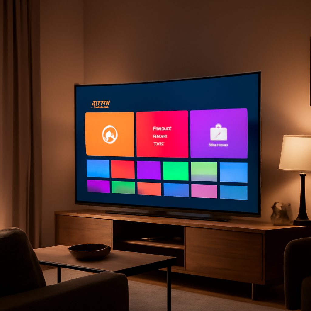 Smart TV dans un salon moderne affichant une application IPTV générique