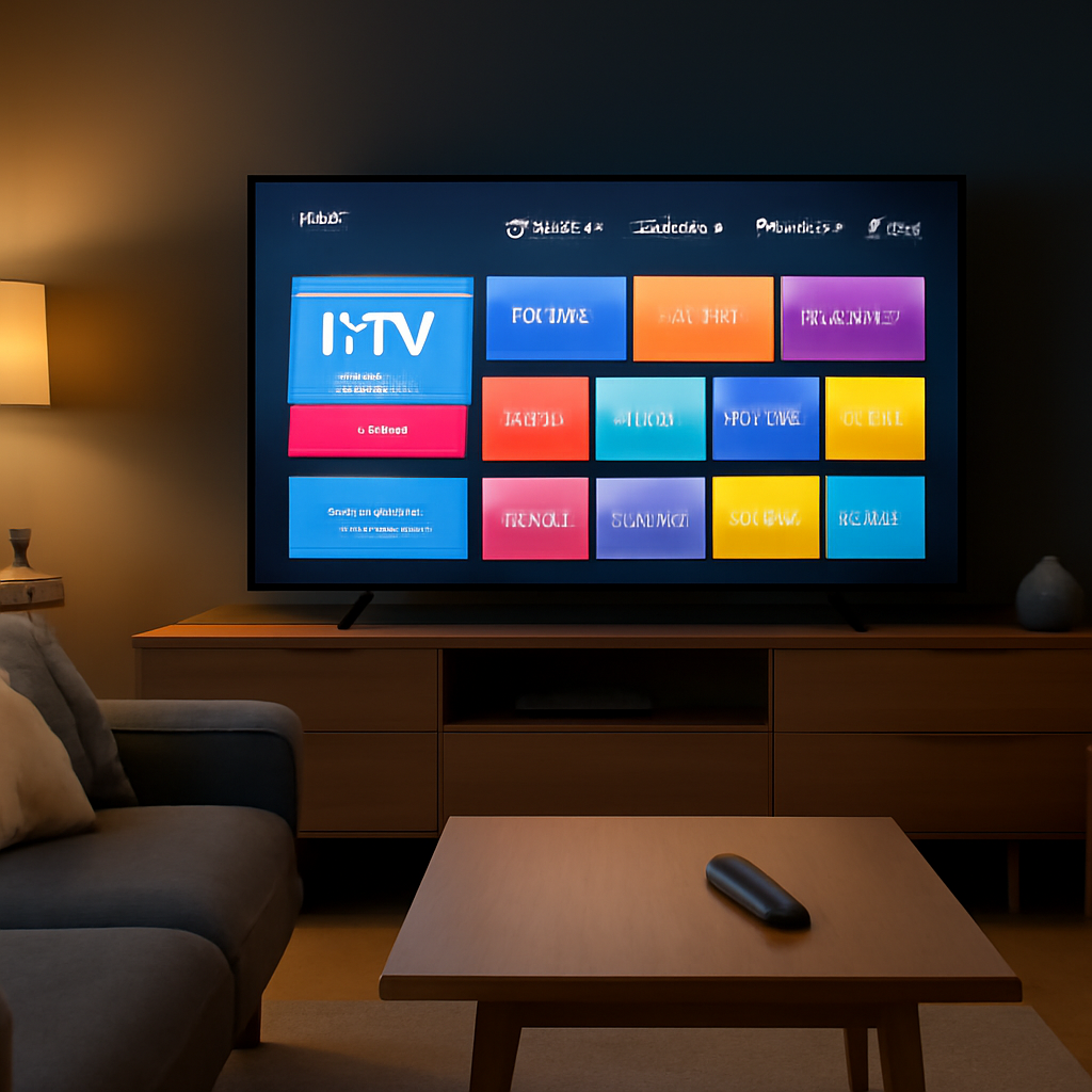 Smart TV dans un salon moderne montrant une application IPTV générique