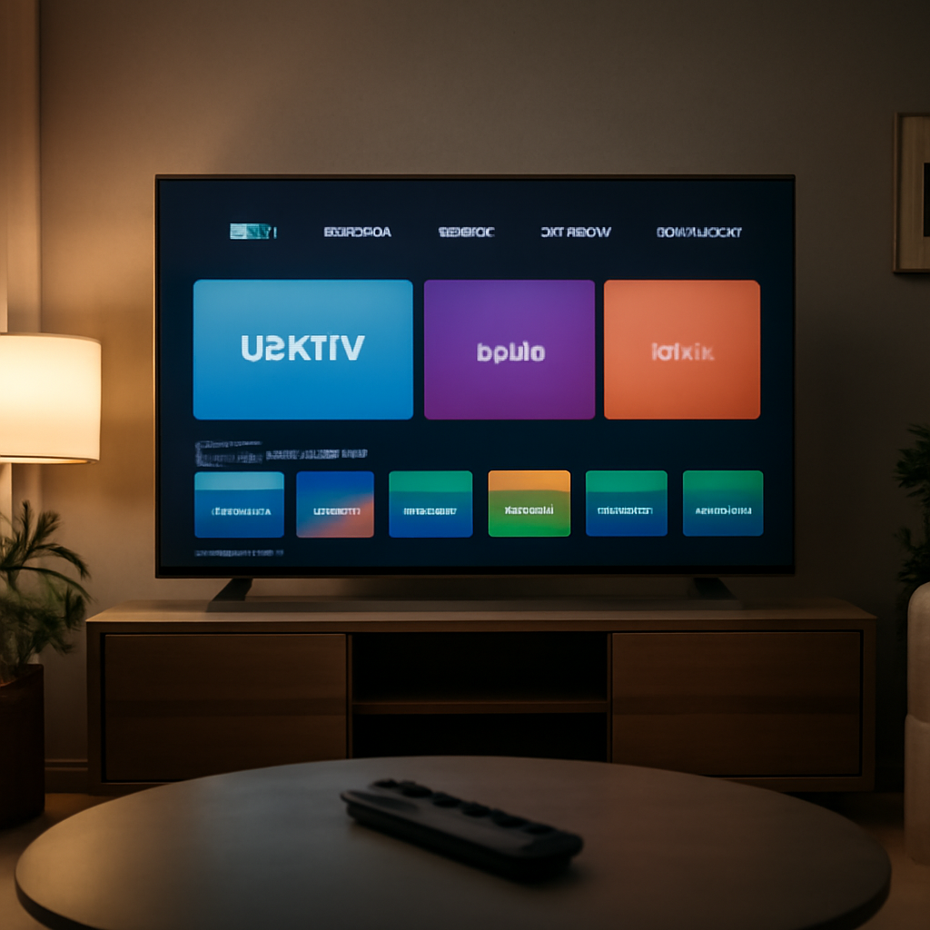 Smart TV avec une application IPTV affichée dans un salon moderne