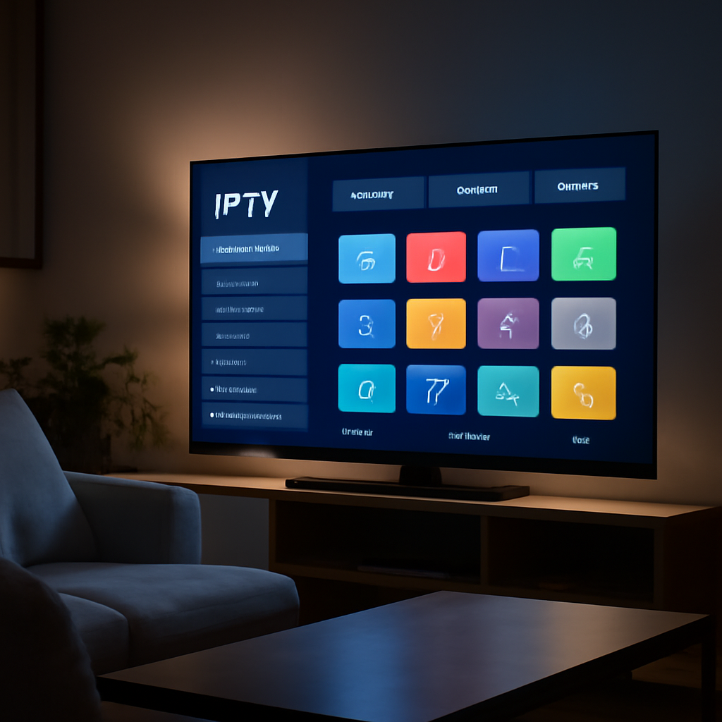 Smart TV affichant une interface d'application IPTV moderne dans un salon contemporain