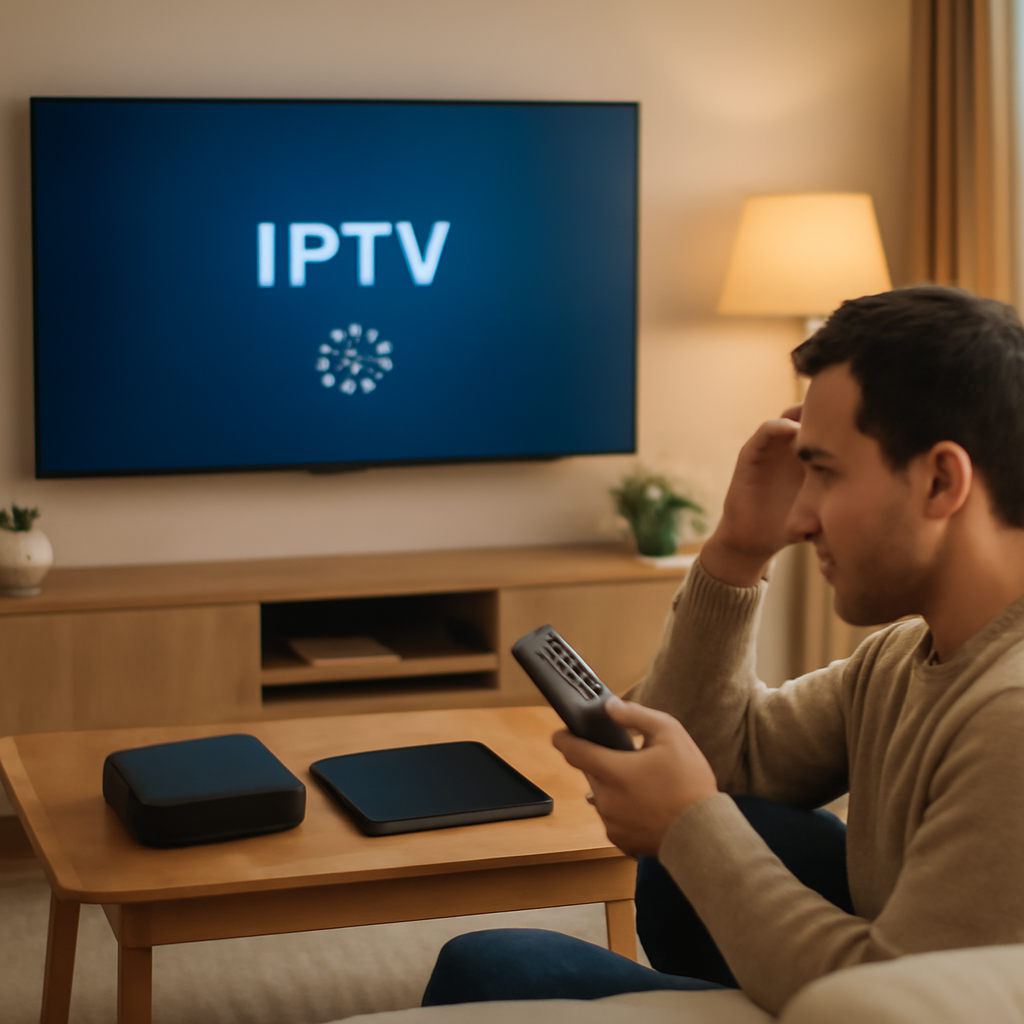 Personne dans un salon devant une Smart TV affichant une application IPTV en chargement, illustrant un problème d'application IPTV qui ne fonctionne pas