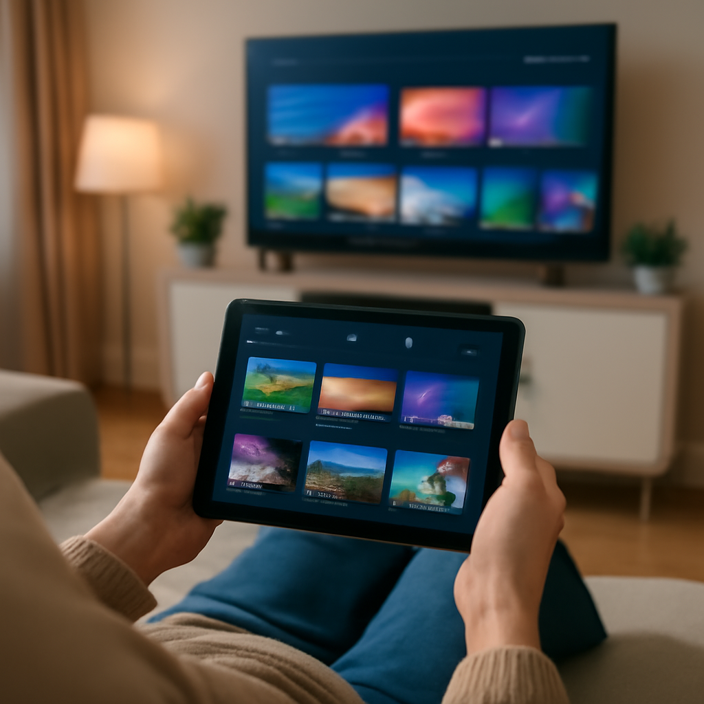 Personne utilisant une tablette pour regarder IPTV dans un salon moderne