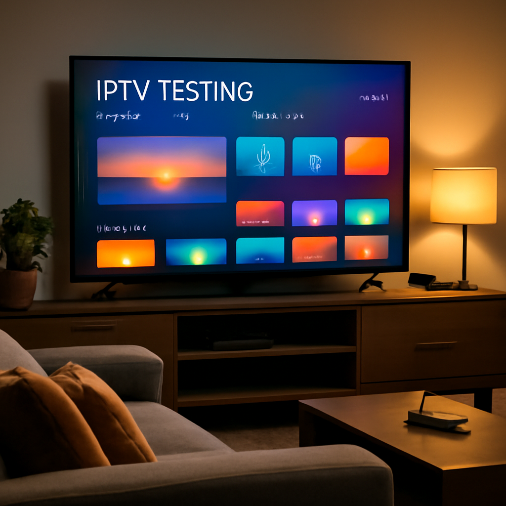 Salon moderne avec TV affichant une interface de streaming générique et appareil connecté pour test IPTV avant abonnement
