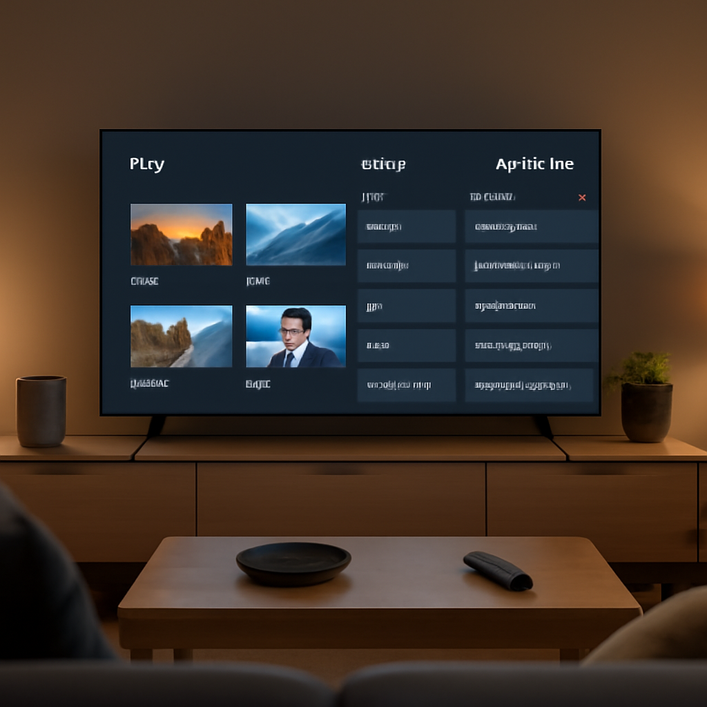 Android TV avec interface IPTV moderne et épurée, illustrant l'utilisation de Tivimate sur Android TV
