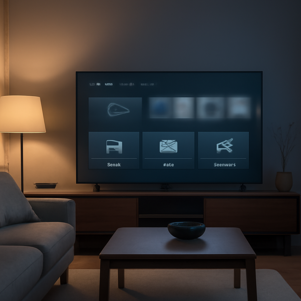 Vue d'un salon moderne avec une Android TV affichant une application IPTV générique