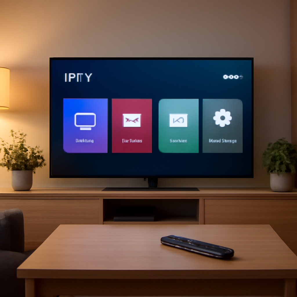 Salon moderne avec Android TV affichant une application IPTV pour utiliser TiviMate