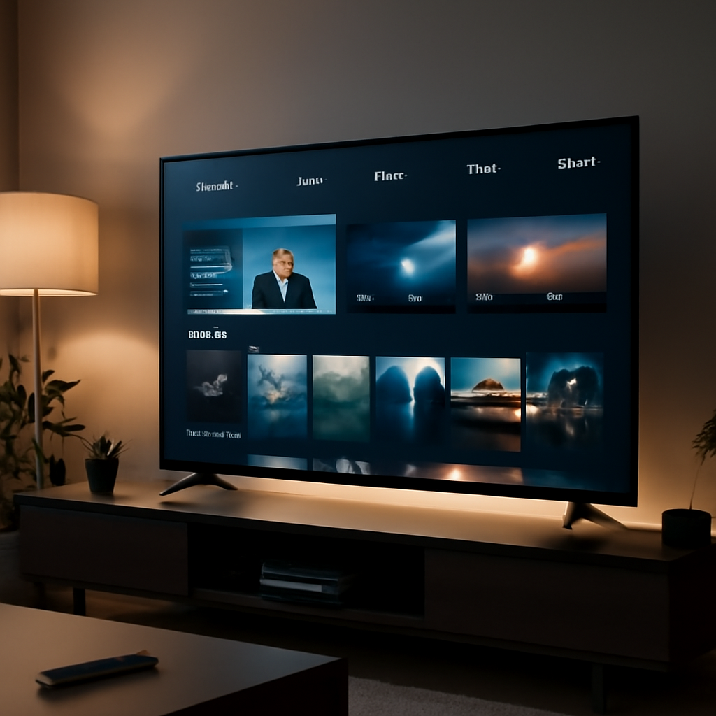 Smart TV dans un salon affichant une interface IPTV moderne, illustrant un abonnement IPTV 12 mois sur Smart TV