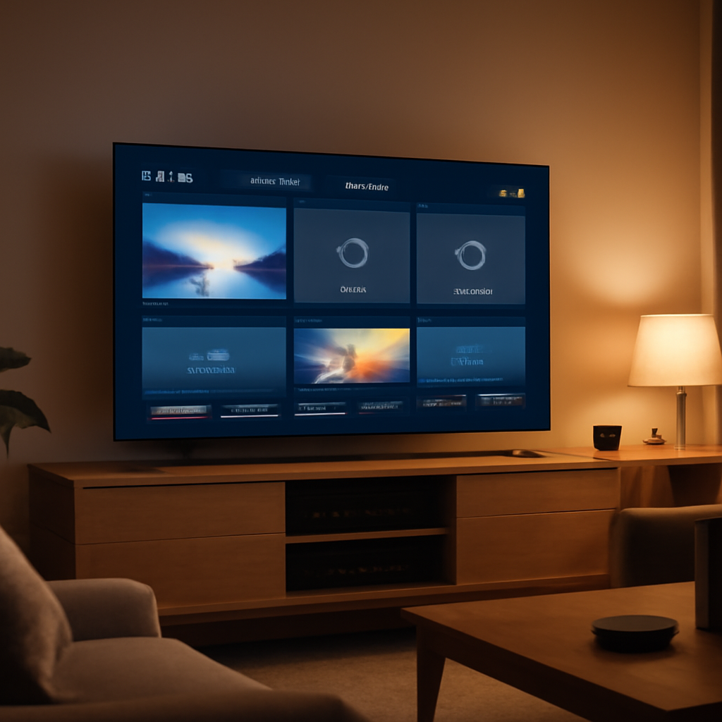 Smart TV affichant une interface IPTV moderne dans un salon élégant, illustrant un abonnement IPTV 12 mois sur Smart TV