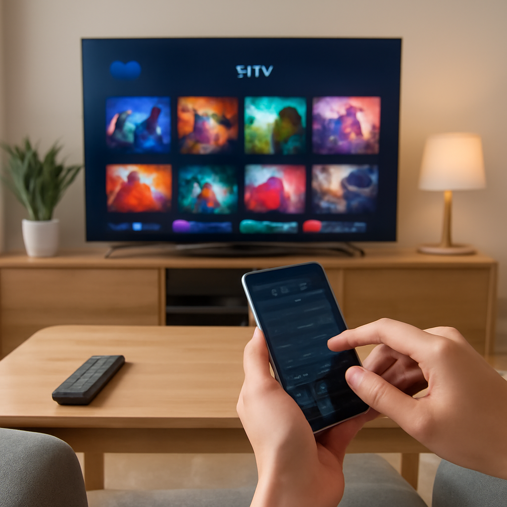 Salon moderne avec TV affichant une application IPTV générique et une personne utilisant un smartphone