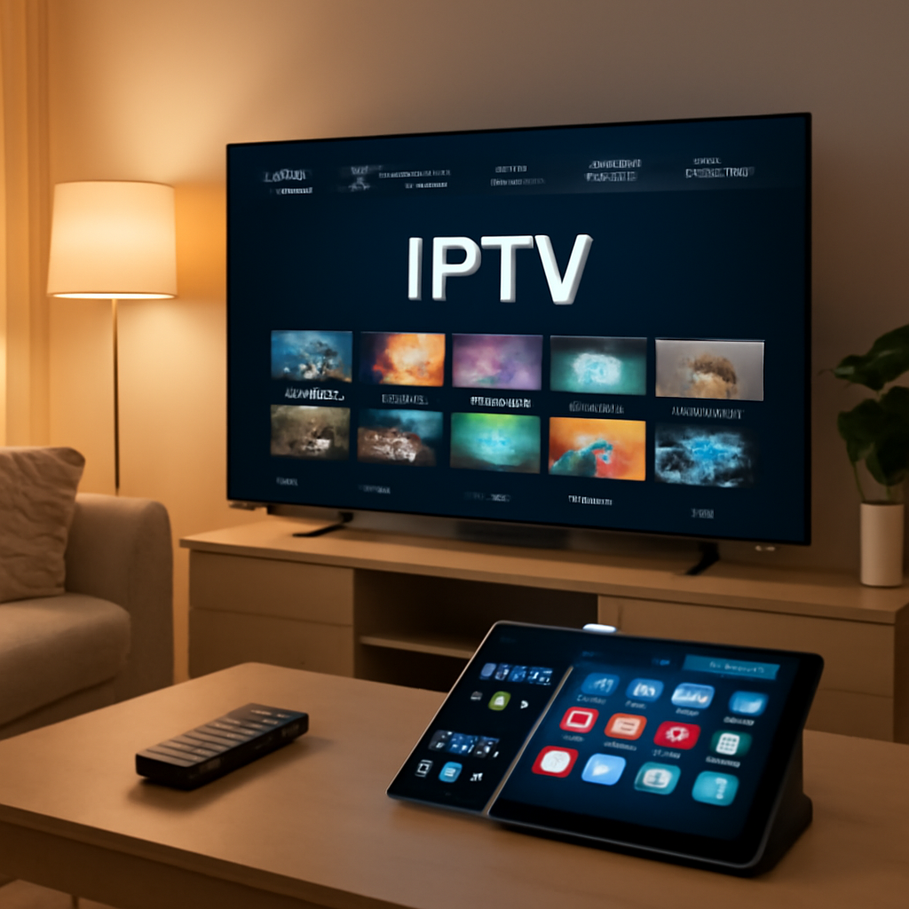 Salon moderne avec TV et appareils connectés utilisant une application IPTV