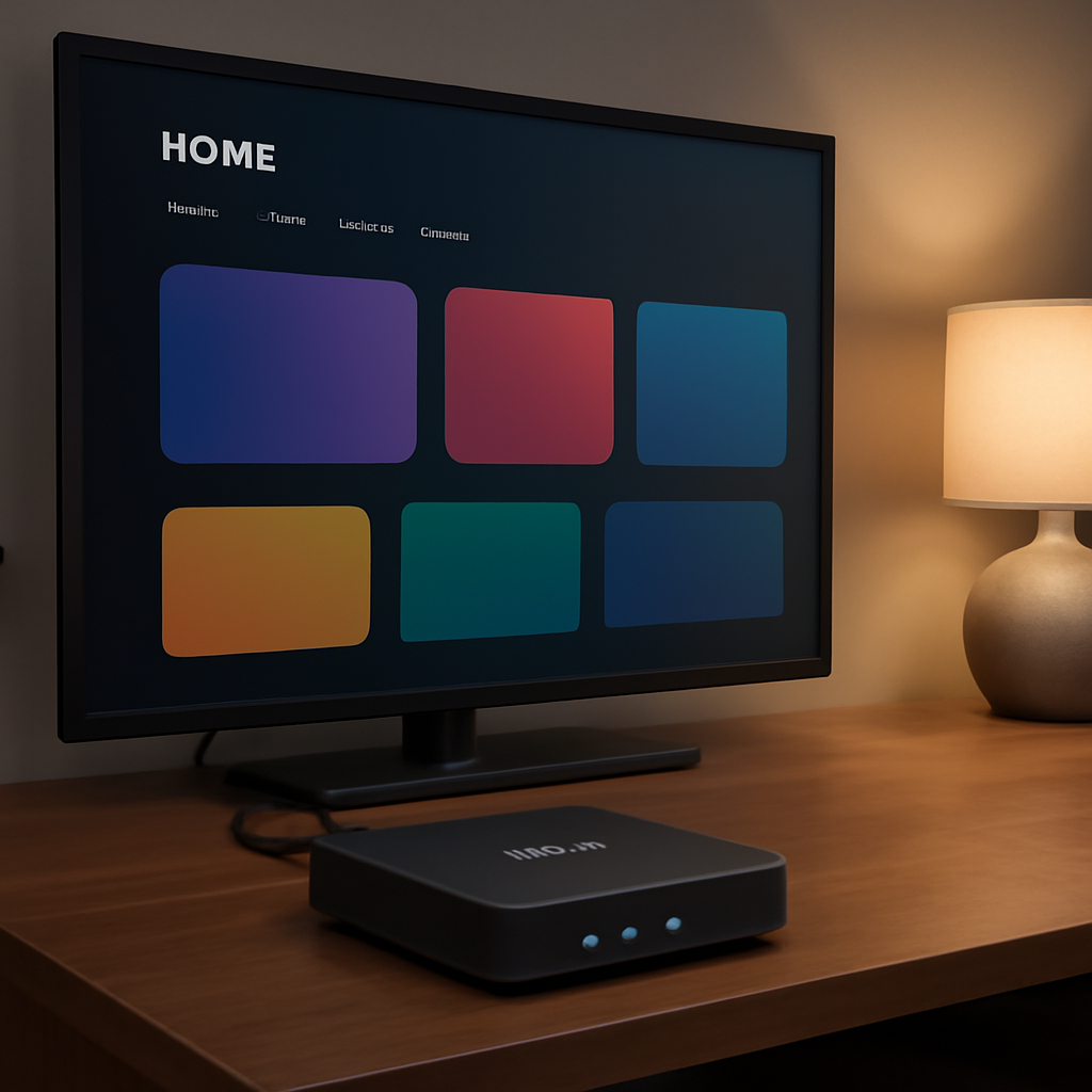 Boitier IPTV moderne connecté à une télévision dans un salon contemporain