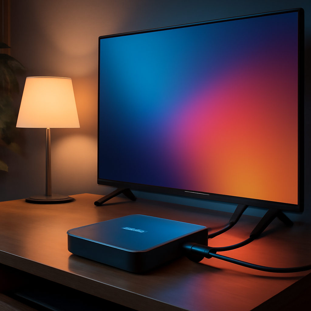 Boitier IPTV moderne connecté à une télévision dans un salon contemporain