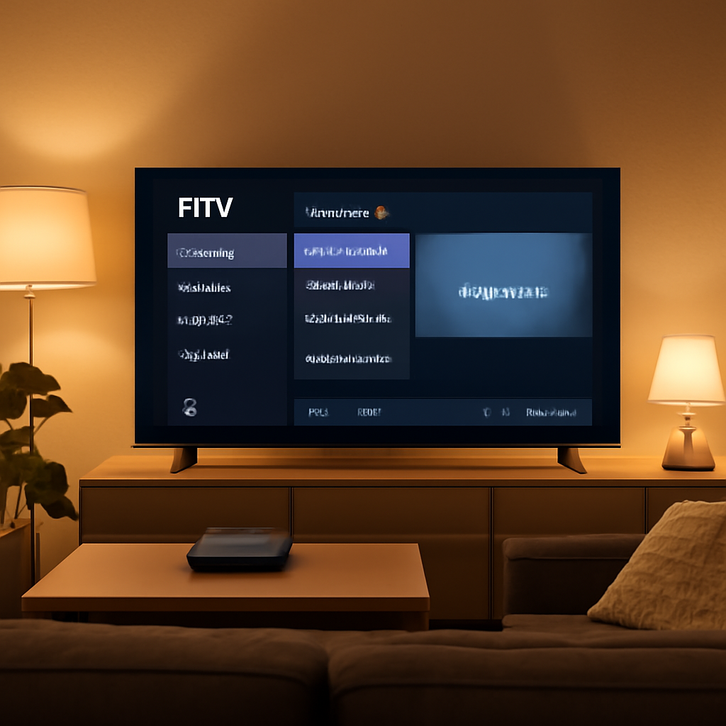 Smart TV displaying a generic IPTV playlist interface in a modern living room with media player