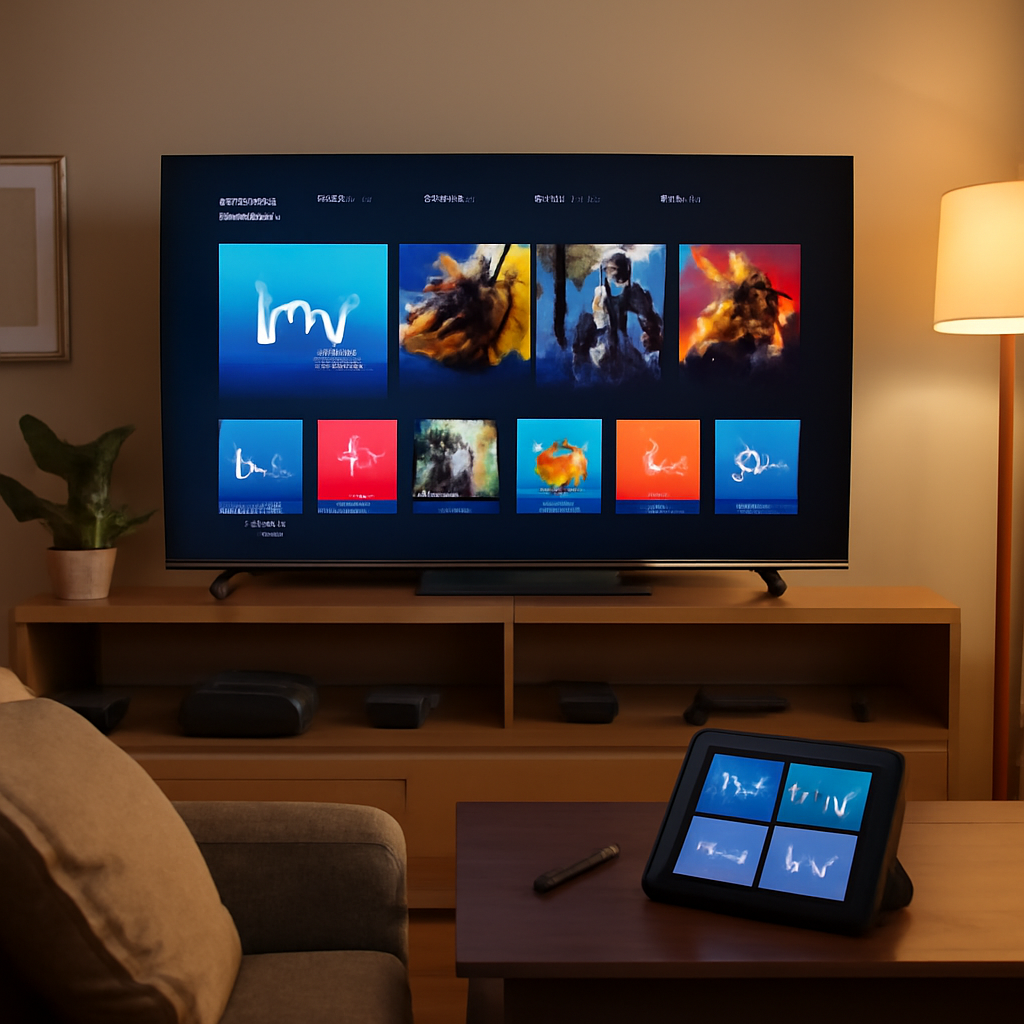 Salon moderne avec téléviseur intelligent affichant une interface de streaming IPTV et appareils connectés