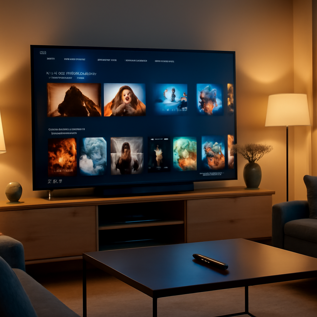 Salon moderne avec télévision connectée affichant une interface de streaming IPTV