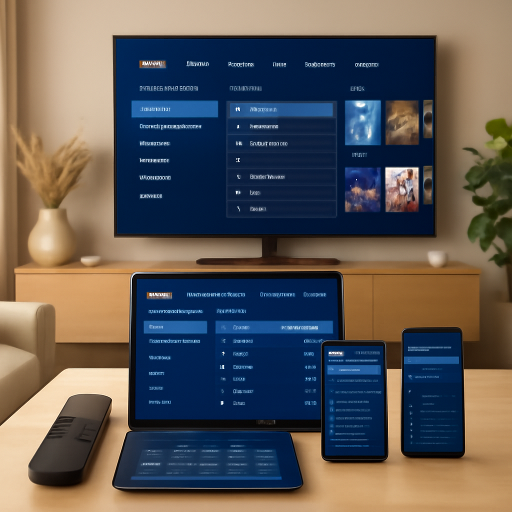 Interface d'une IPTV app affichée sur une télévision et appareils connectés dans un salon moderne