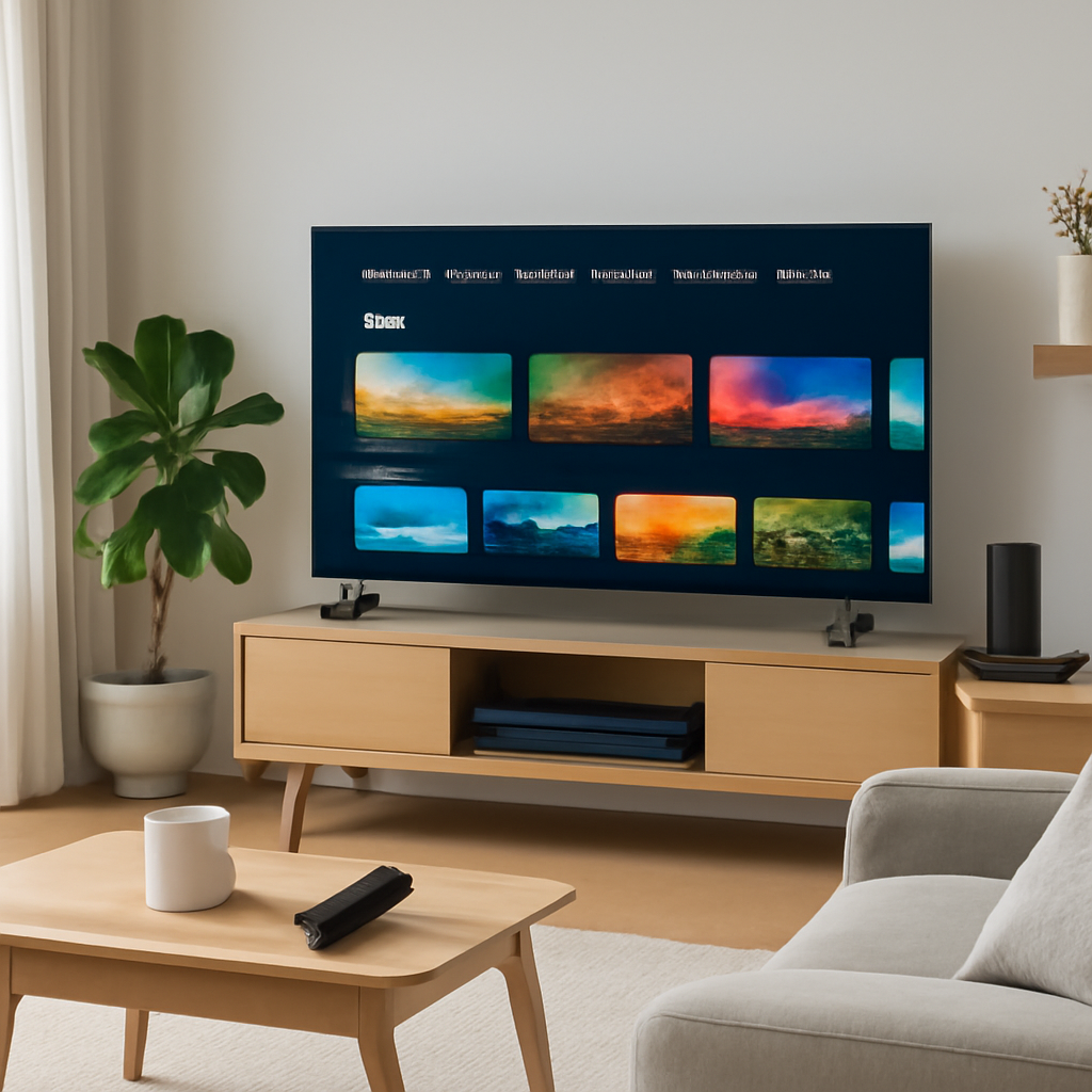 Salon moderne avec TV connectée et appareils compatibles IPTV illustrant IPTV en France