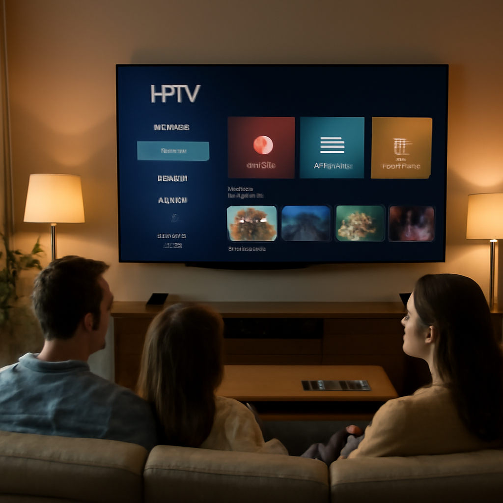 Salon moderne avec TV intelligente affichant une interface IPTV générique pour IPTV gratuit