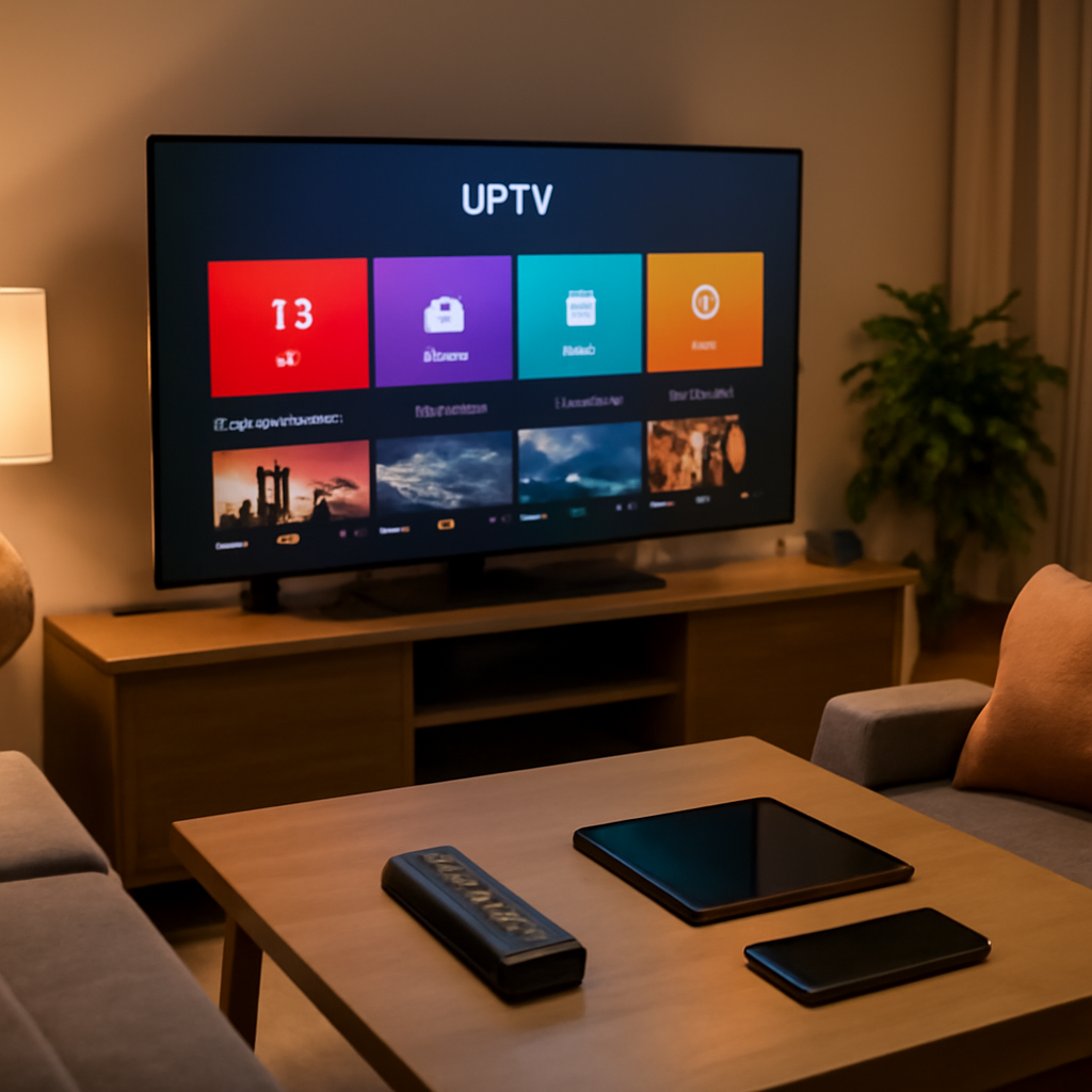 Salon moderne avec smart TV affichant une interface IPTV générique, représentant IPTV gratuit
