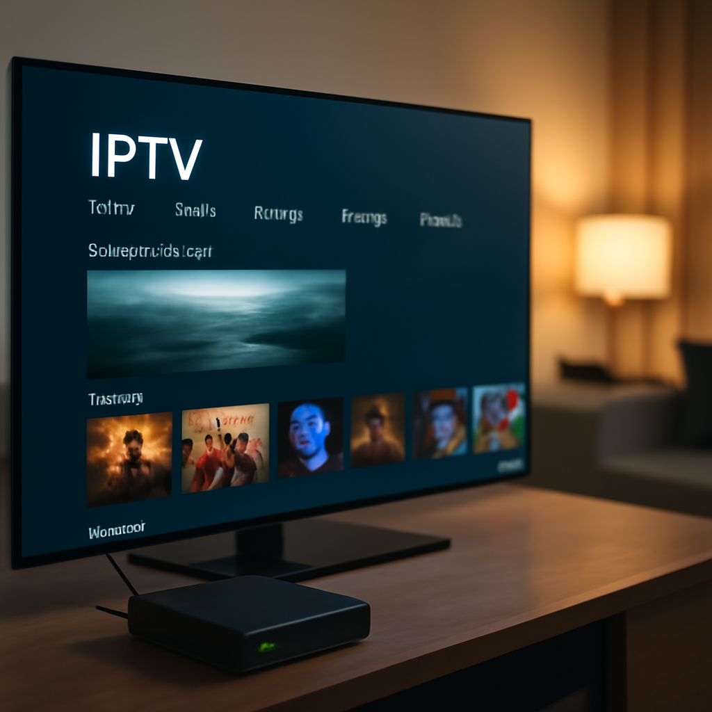 Salon moderne avec TV et boitier IPTV illustrant la notion d'IPTV illégal