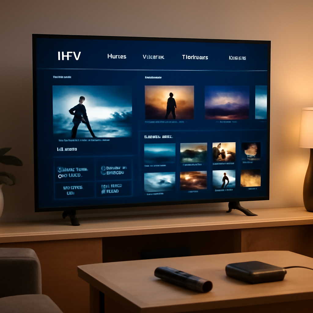 Salon moderne avec Smart TV affichant une interface IPTV générique, télécommande et box Android TV connectée