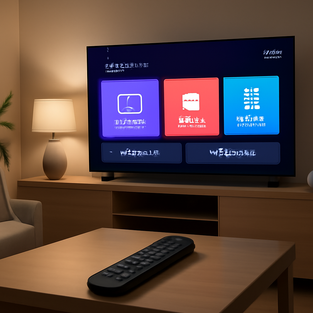 Interface générique d'application IPTV Smarters Player affichée sur une Smart TV dans un salon moderne