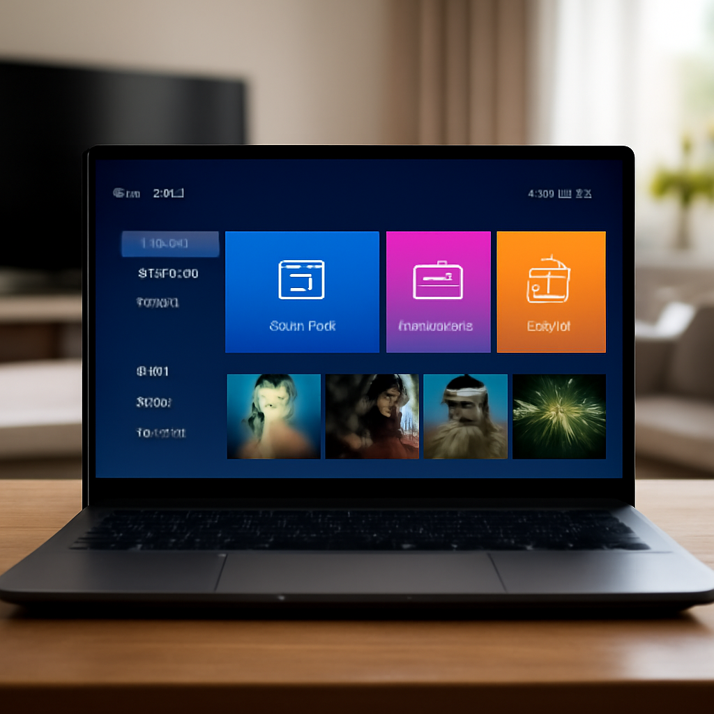 Application IPTV Smarters Pro ouverte sur un ordinateur Windows dans un salon moderne