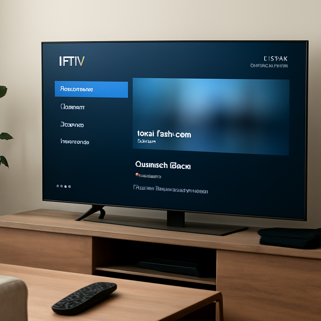Télévision moderne avec interface générique d’un iptv stream player en cours de lecture dans un salon contemporain