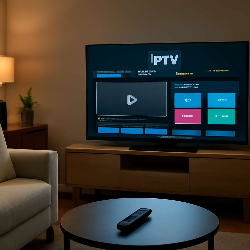 Téléviseur dans un salon moderne affichant une interface générique d'application IPTV