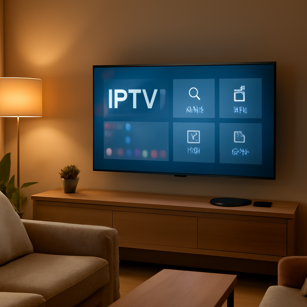 Salon moderne avec télévision affichant une interface IPTV Pro générique, télécommande et appareil connecté