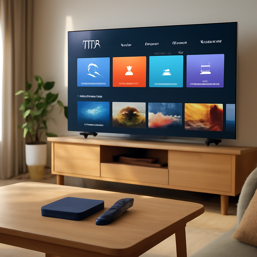 Salon moderne avec une TV grand écran affichant une interface de streaming générique, box IPTV et télécommande sur une table