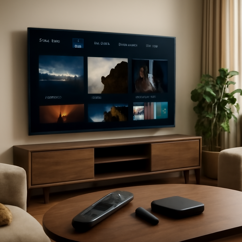 Salon moderne avec une Smart TV affichant une interface IPTV générique, appareils connectés et télécommande