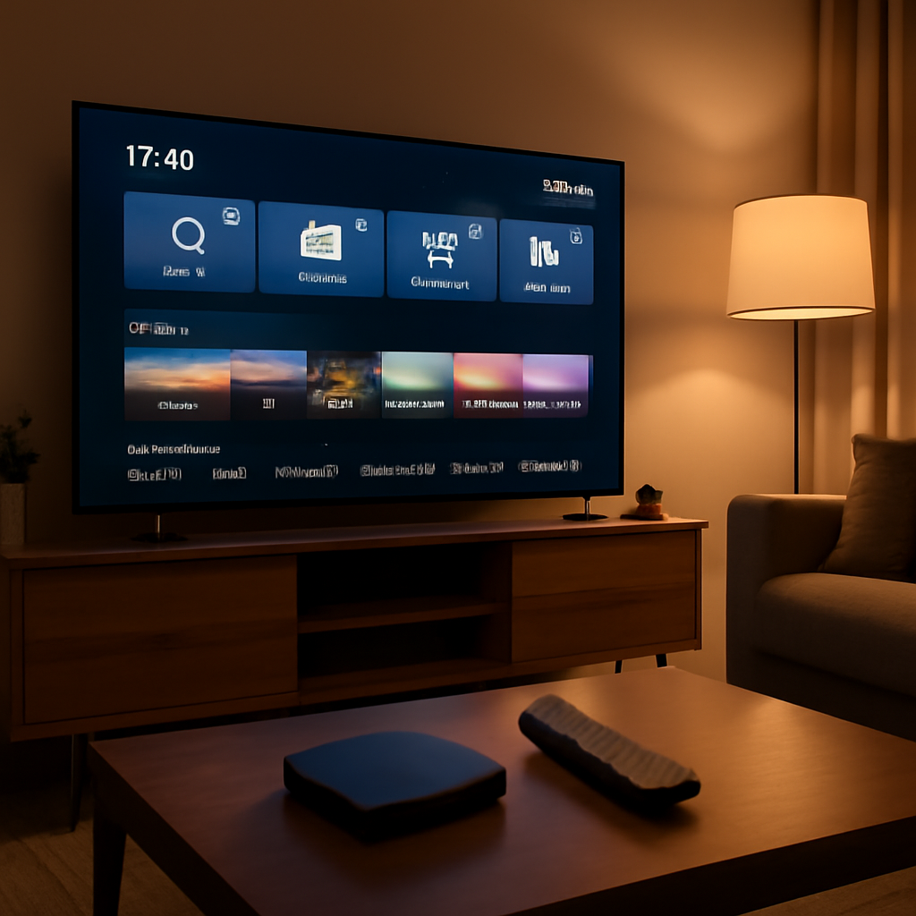 Smart IPTV IP setup showing smart TV with IPTV interface and Android TV box in a living room
