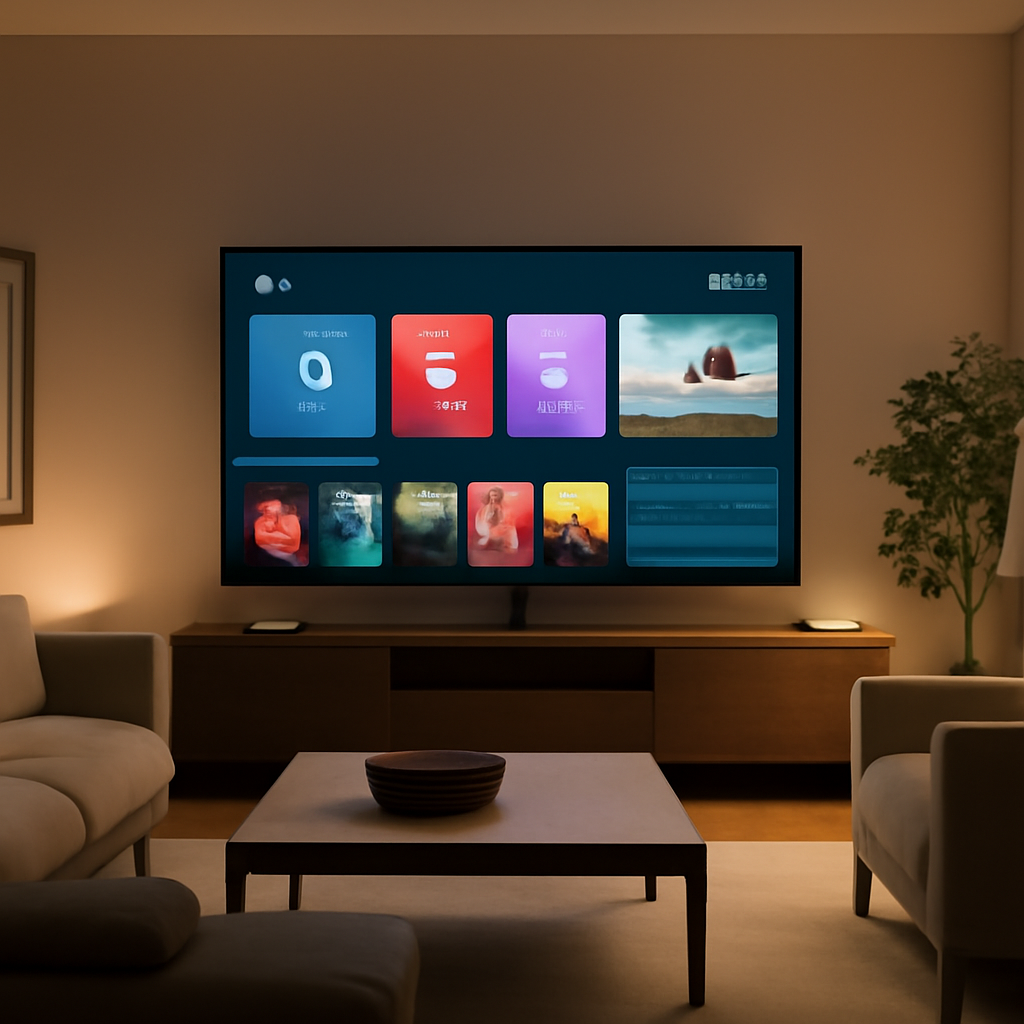 Salon moderne avec une Smart TV affichant une interface IPTV colorée générique