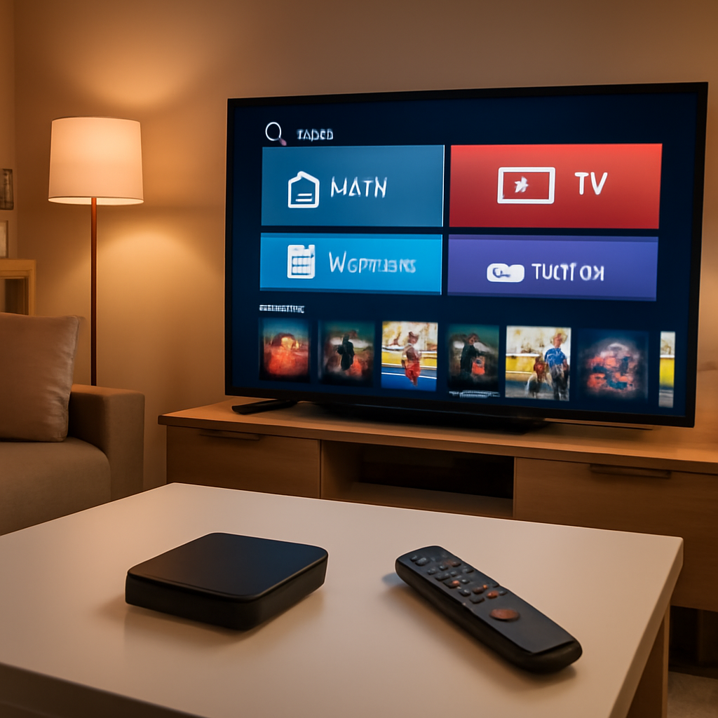 Salon moderne avec TV et box Android pour utiliser Xtream IPTV