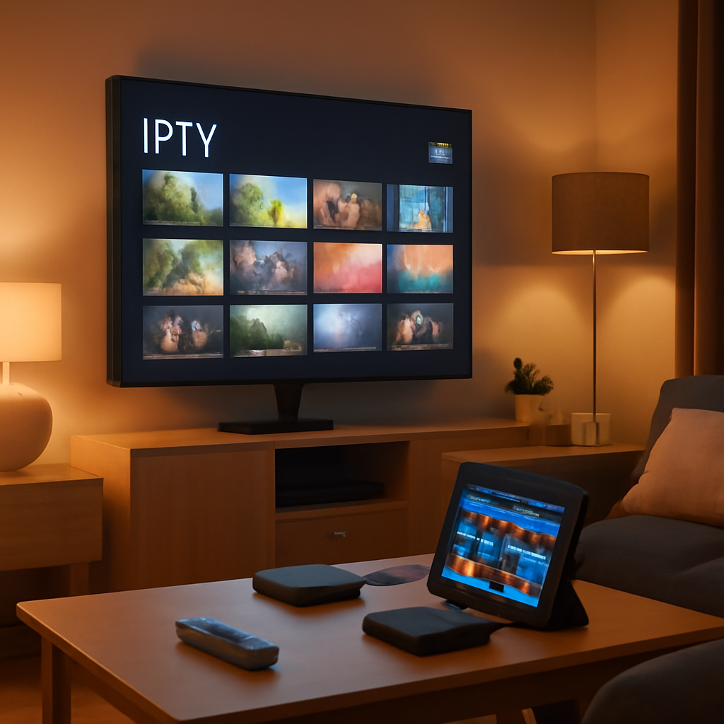 Salon moderne avec une Smart TV affichant une interface IPTV générique, plusieurs appareils connectés pour Xtream IPTV