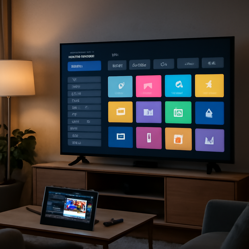 Smart TV displaying a free popular IPTV playlist interface with streaming devices nearby in a modern living room