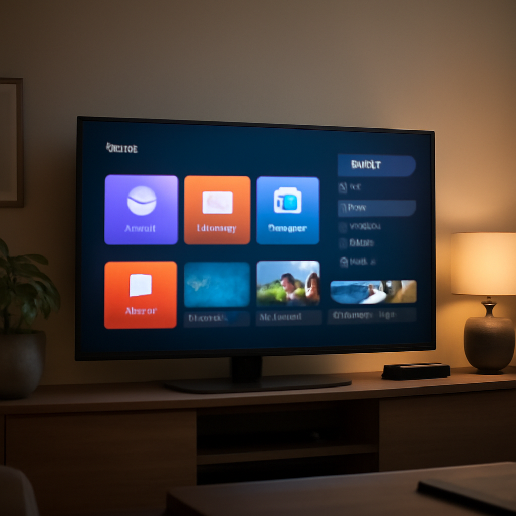 Salon moderne avec une Smart TV affichant une interface IPTV générique, illustrant le streaming IPTV en France