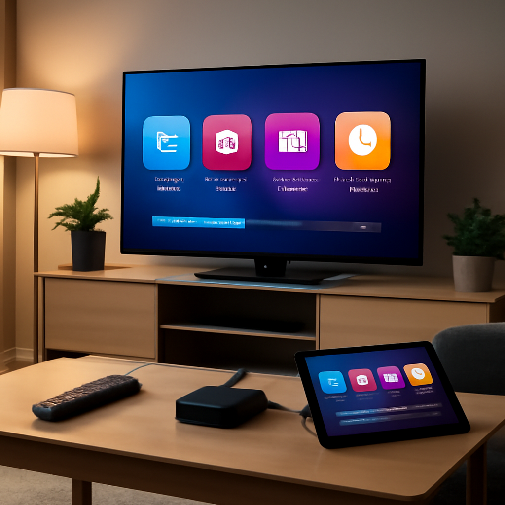 Salon moderne avec télévision et IPTV stream player affiché à l'écran