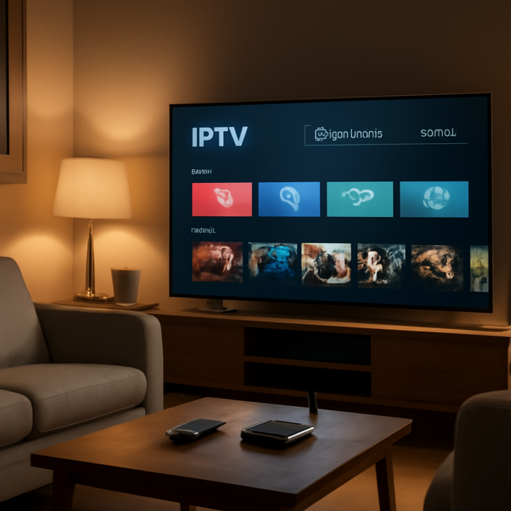 Salon moderne avec Smart TV affichant une interface IPTV générique, ambiance cosy et technologique